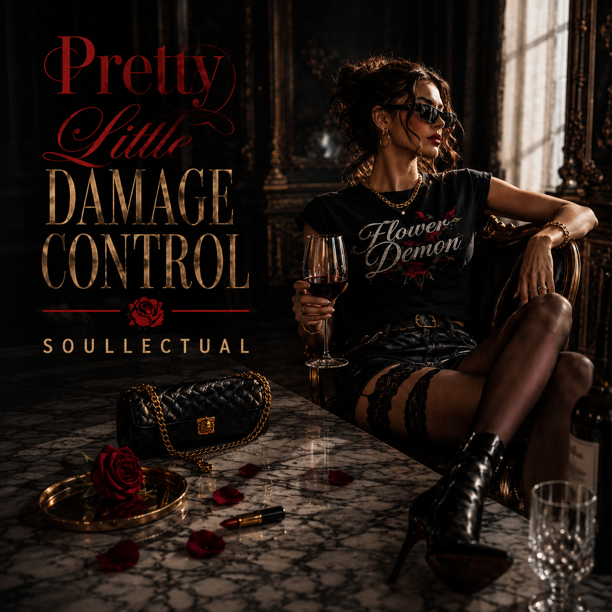 Pretty Little Damage Control artwork — a woman in black leather and sunglasses seated in an opulent dark room holding red wine, surrounded by rose petals and gold accents