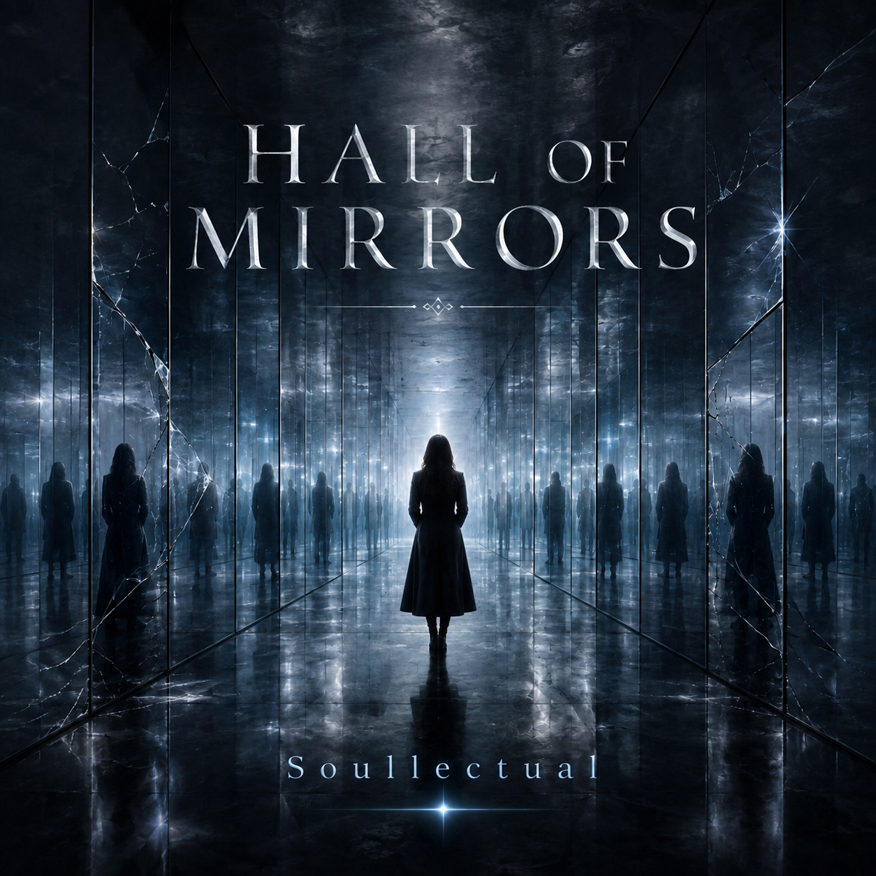 Hall of Mirrors artwork — a silhouetted figure in a dark coat standing in a vanishing-point corridor of cracked, repeating mirrors
