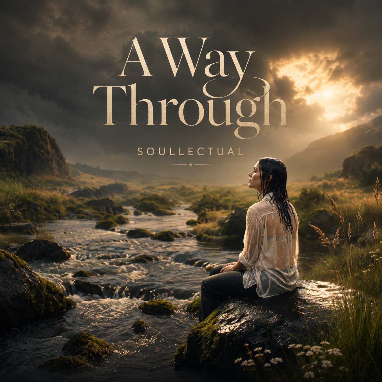 A Way Through artwork — a woman with wet hair sitting on a moss-covered rock by a stream, beneath a stormy sky breaking into golden light, with A Way Through title text