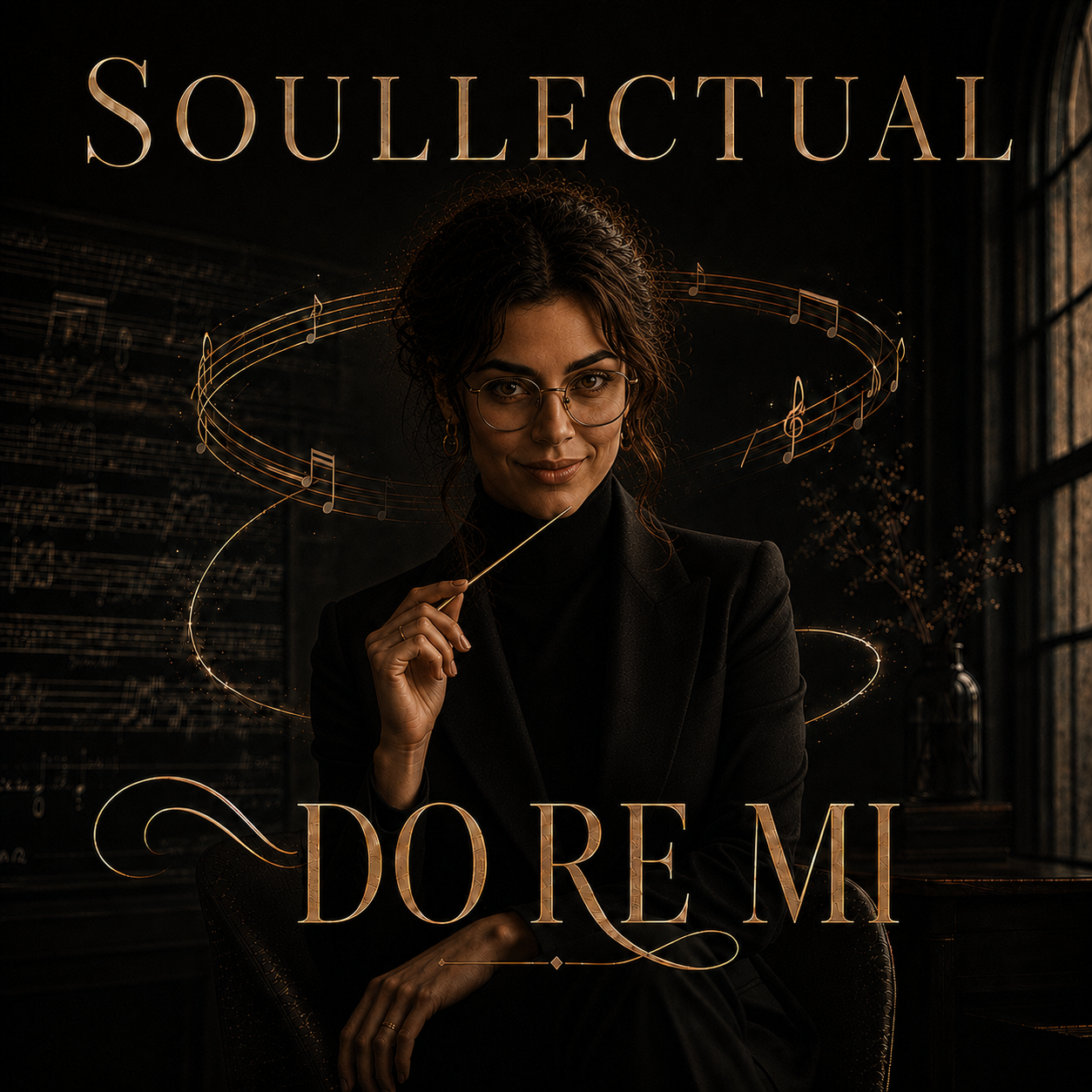 Do Re Mi artwork — a woman in a black blazer holding a golden conductor's baton, surrounded by floating golden musical staves and notes