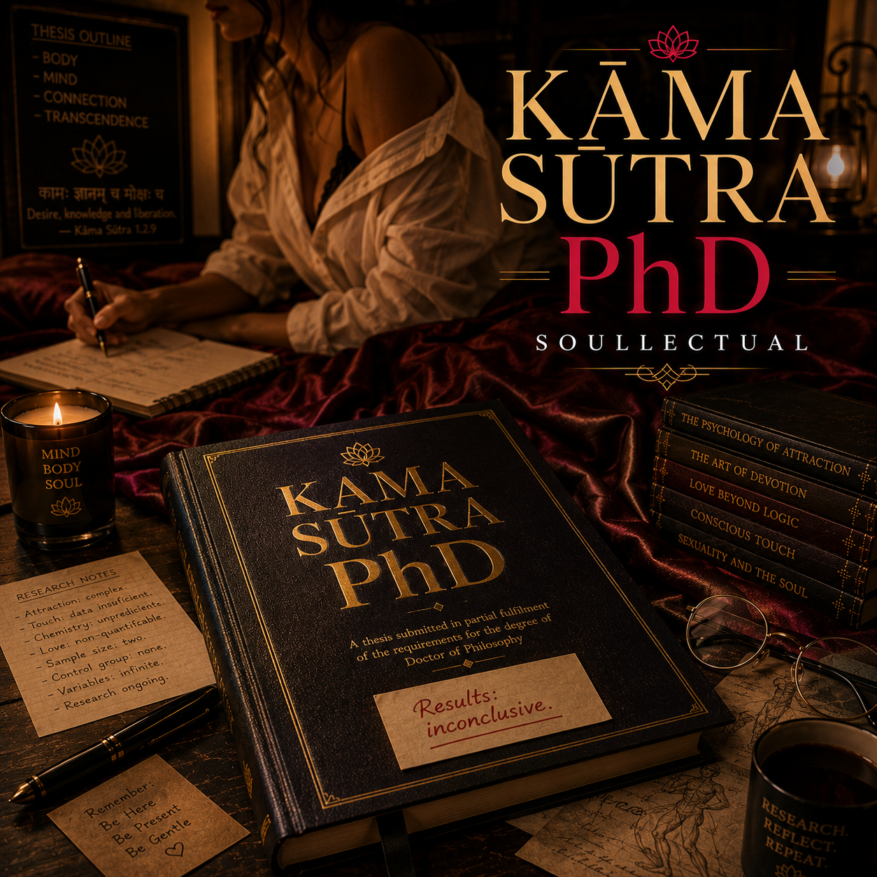 Kama Sutra PhD artwork — a scholarly desk scene with a Kama Sutra PhD thesis book, research notes, and a warm candlelit intimate atmosphere