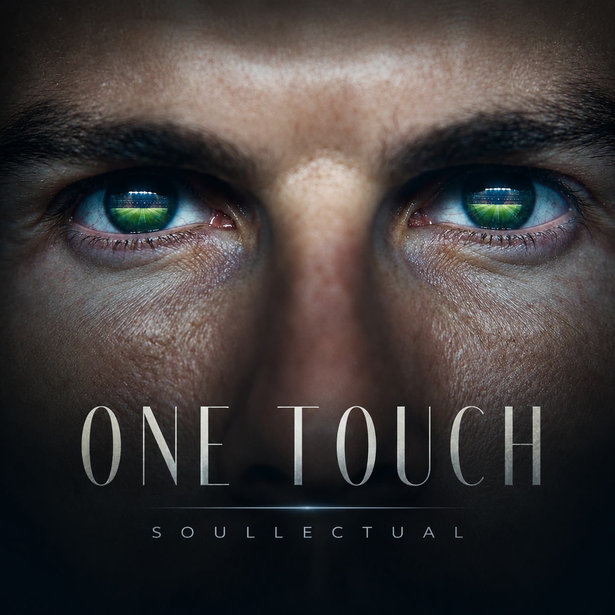 One Touch artwork — an extreme close-up of a man's eyes reflecting a floodlit soccer stadium at night, with metallic ONE TOUCH lettering